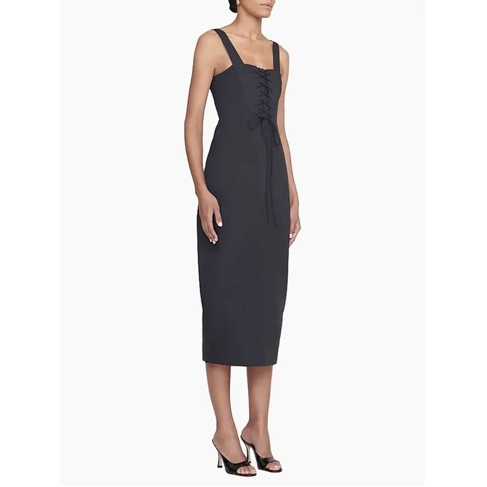 STAUD Sutton Lace Up Black‎ Midi Dress Size 10 New - Picture 9 of 14